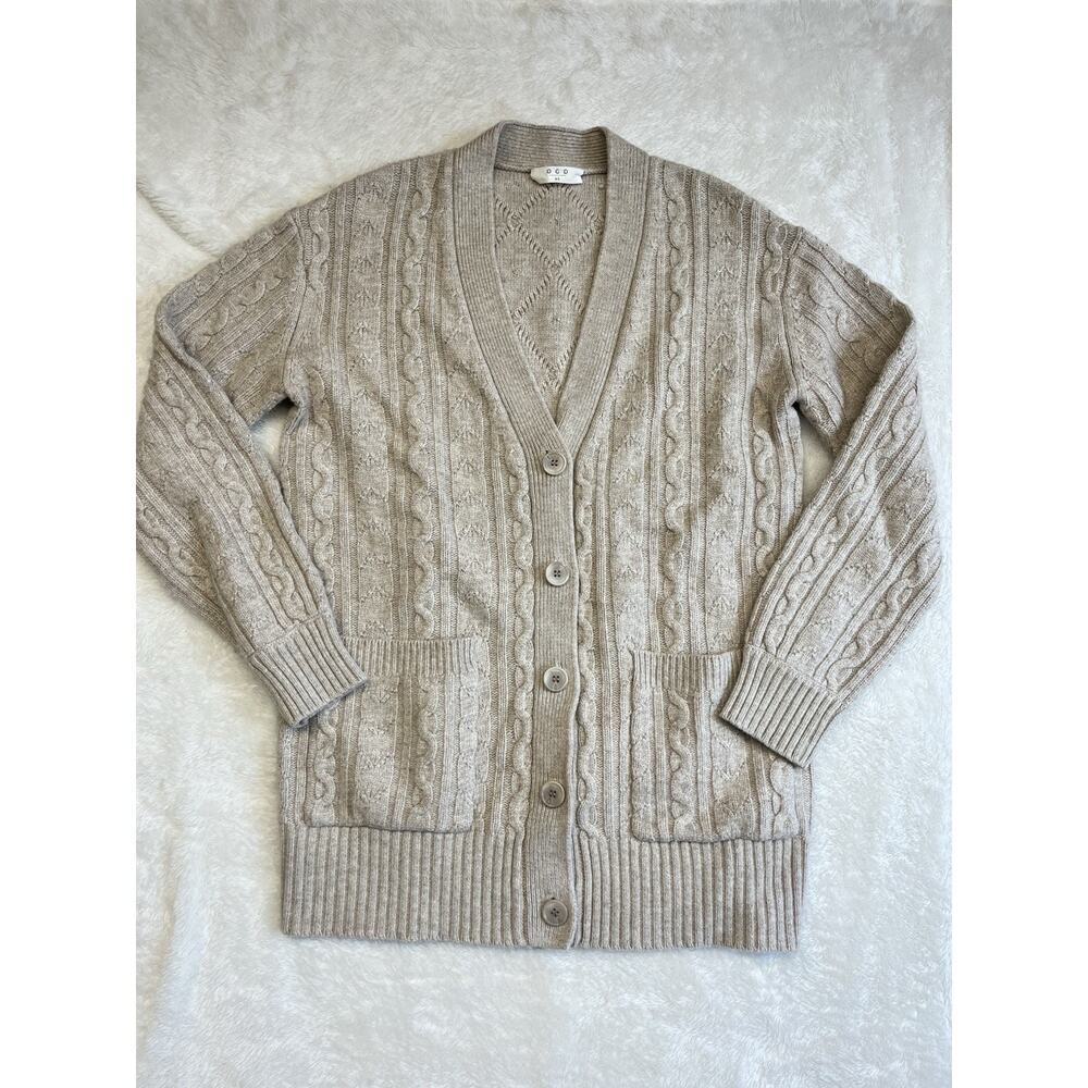 One Grey Day OGD Cashmere Blend Cable Knit Long Cardigan Oatmeal Pockets XS